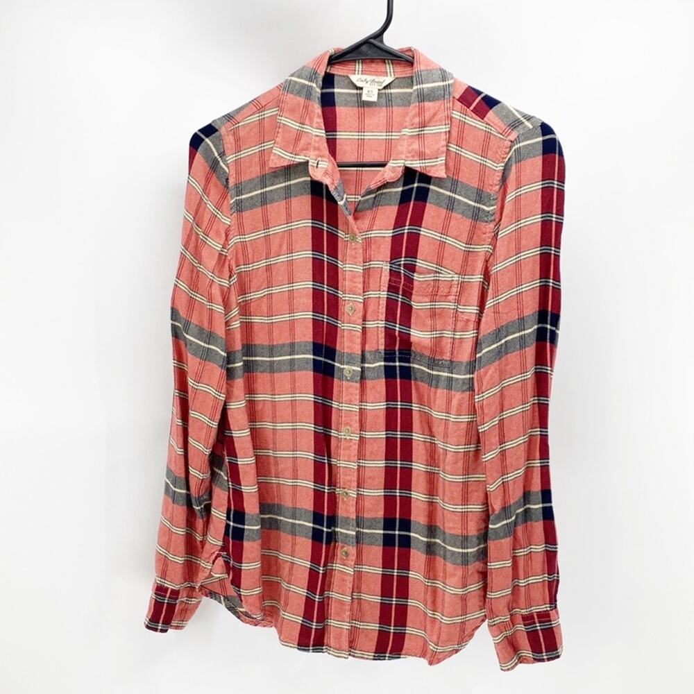 Lucky Brand red Blue Plaid longline split back Button Down Shirt size XS